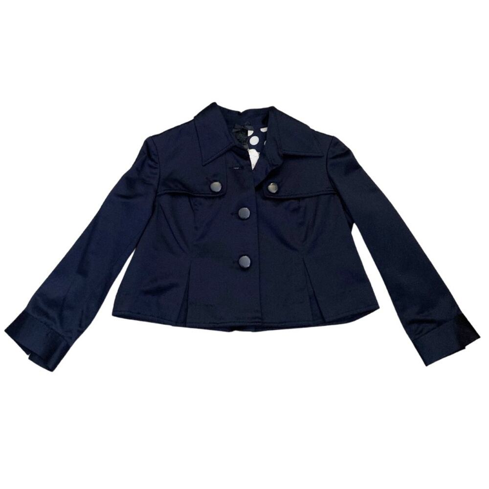 Elegant Navy Blue Satin Cropped Jacket Blazer Size Small Evening Twenty One - Picture 2 of 12